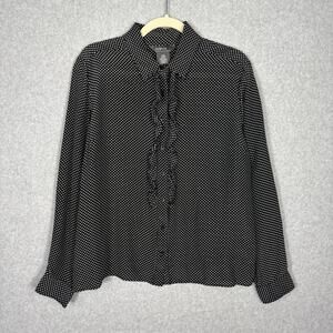 George ME Shirt Women XL Black Silk Dolka Dot Blouse Ruffle Button Career Church